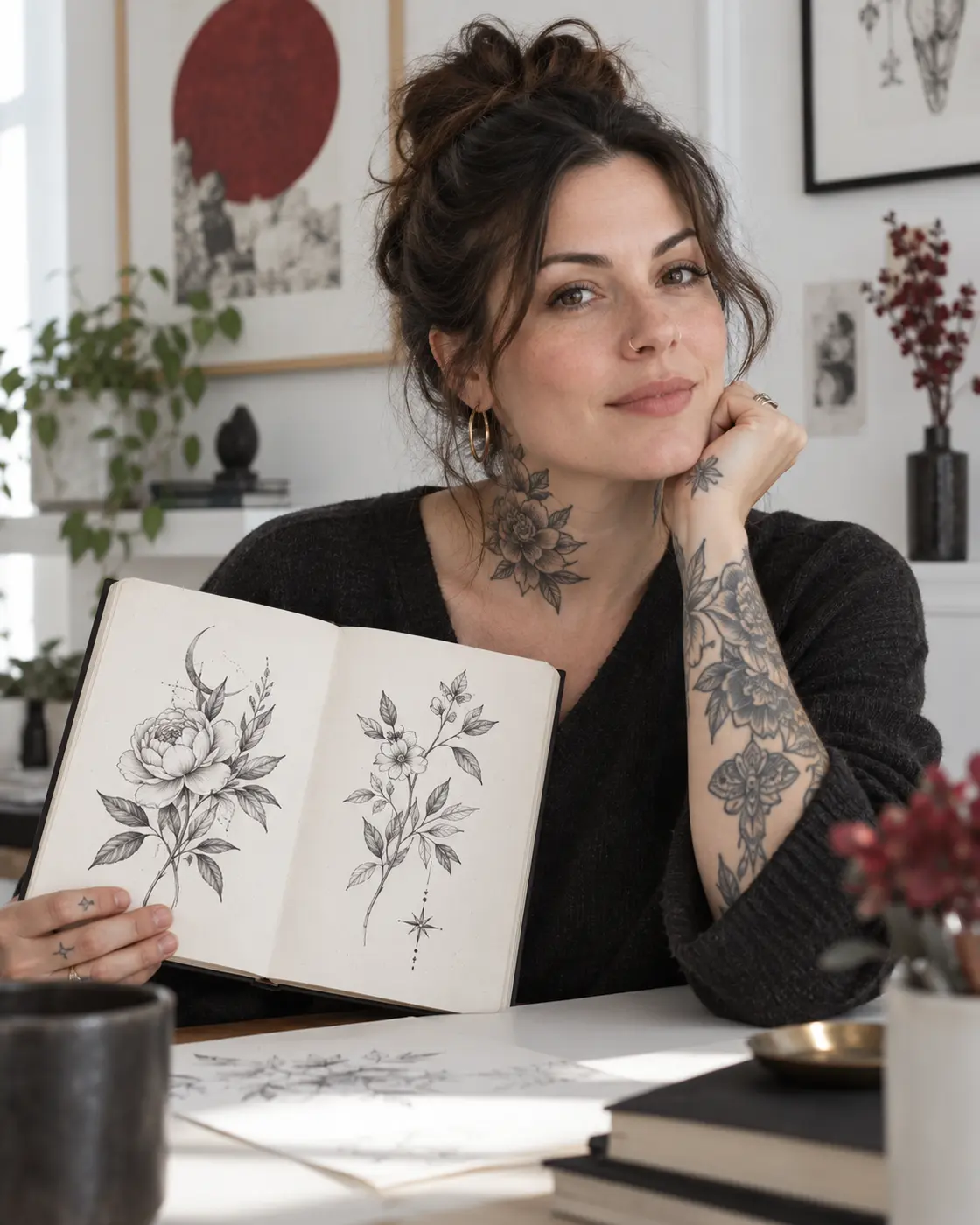 Tattoo editor holding a floral design sketchbook