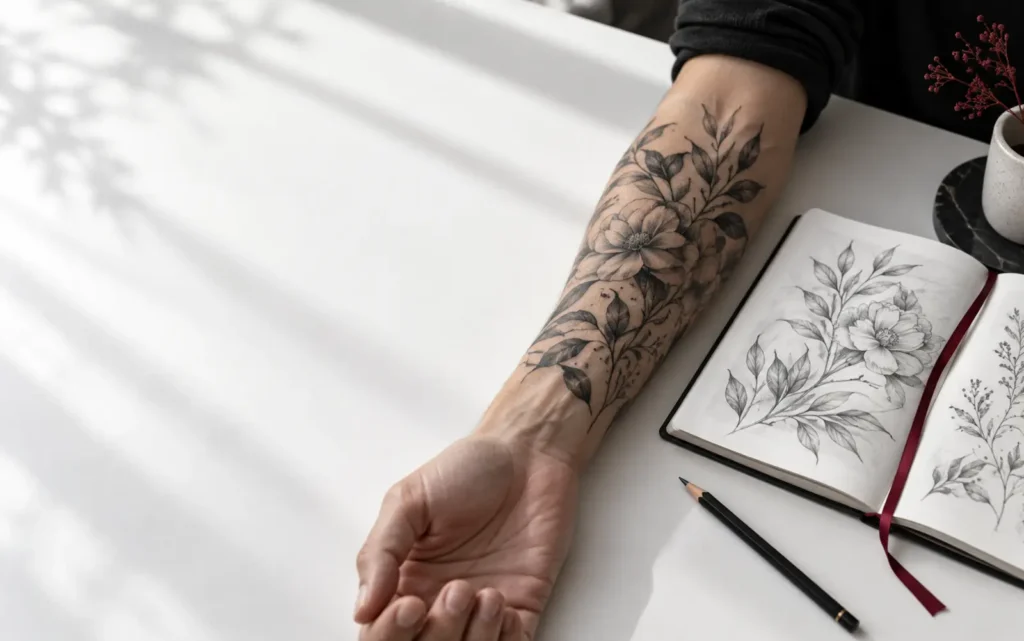 Black-and-grey floral forearm tattoo beside an artist's sketchbook